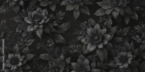 Intricate charcoal floral pattern, dark botanicals, black, charcoal
