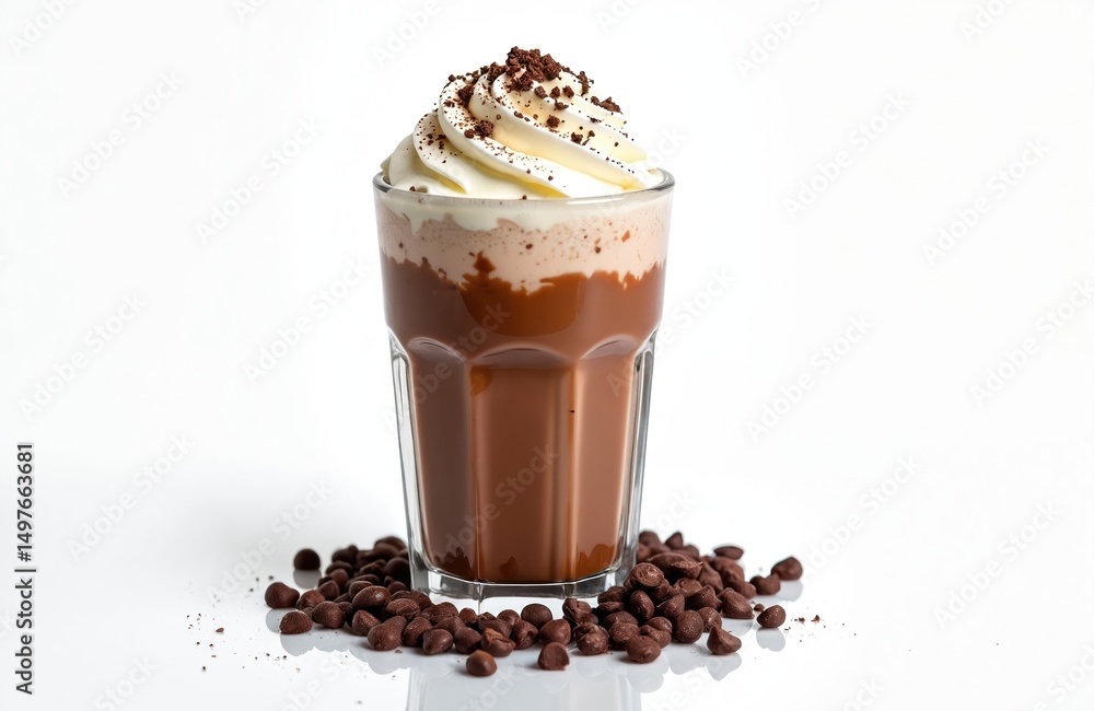 Delicious chocolate frappe topped with whipped cream, chocolate chips in glass on white background. Iced coffee drink with milk, cocoa. Perfect for dessert menu design, food blogs, cafe promo. Sweet Delicious chocolate frappe topped with whipped cream, chocolate chips in glass on white background. Iced coffee drink with milk, cocoa. Perfect for dessert menu design, food blogs, cafe promo. Sweet