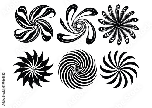 Six Abstract Swirl and Flower Silhouettes Black and White