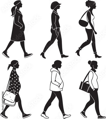 Six Silhouettes of Women Walking in Different Styles