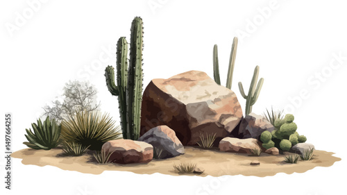 The image is a digitally rendered illustration depicting a desert landscape. The composition features a large, reddish-brown boulder as the central element, surrounded by various desert plants.