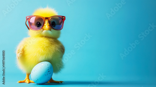 A yellow chick wearing sunglasses and holding an egg