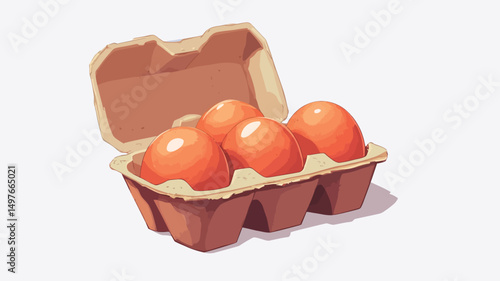 A digital illustration depicting four brown eggs nestled within a light brown cardboard egg carton. The carton is slightly opened, revealing the eggs. The style is clean and illustrative.