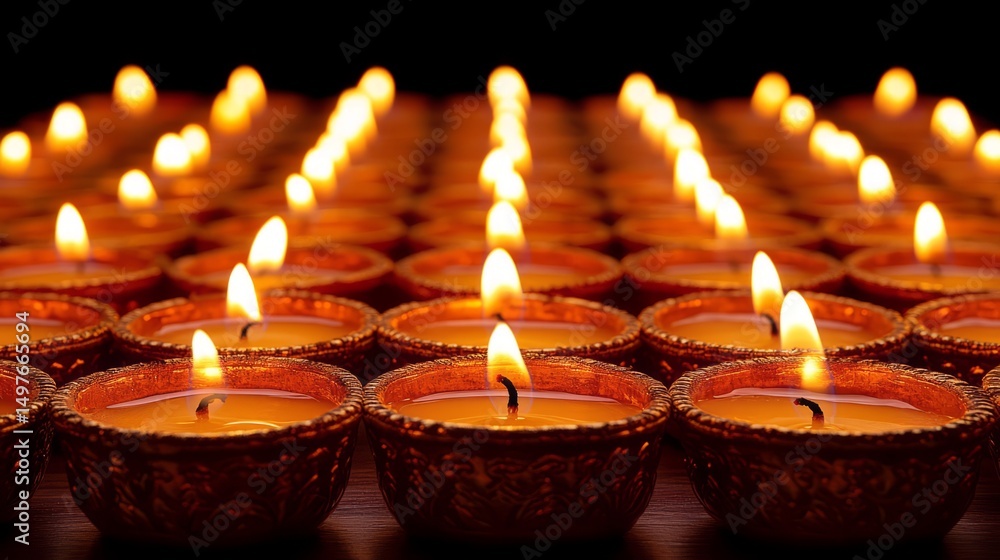 Rows of Burning Candles: Many small candles burning brightly in ornate containers creating a warm and serene atmosphere. Rows of Burning Candles: Many small candles burning brightly in ornate containers creating a warm and serene atmosphere.