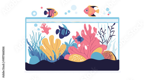 A digitally rendered illustration depicts a rectangular aquarium viewed from the front. The aquarium features several brightly colored fish of varying sizes and species swimming amongst stylized.