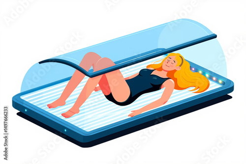 Pretty Woman Cartoon Sunbathing in Solarium Vector Illustration