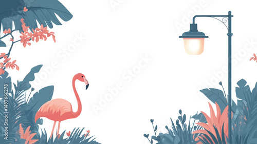 A digital illustration featuring a stylized pink flamingo standing amidst lush, teal-toned tropical foliage. The flamingo is positioned slightly off-center, facing left. The background is.