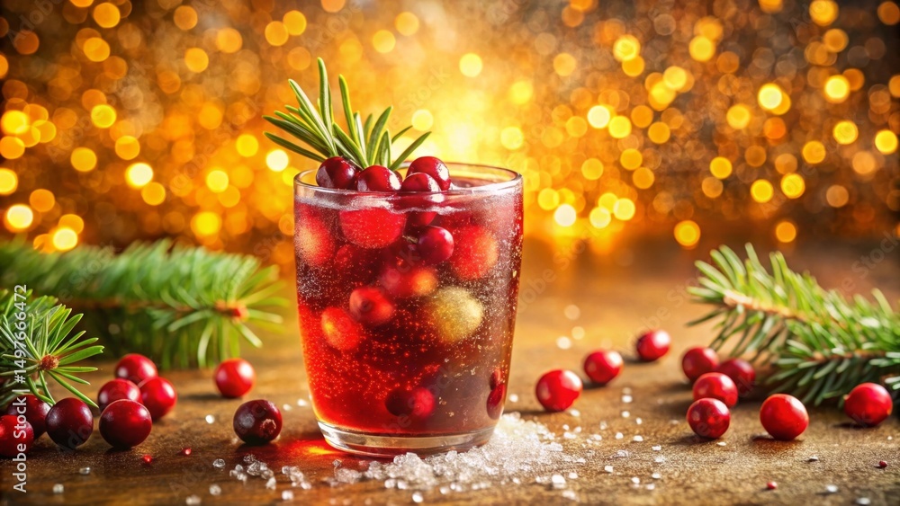 Festive Cranberry Rosemary Drink Garnished with Fresh Berries and Evergreen Sprigs, Sparkling Bokeh Background Festive Cranberry Rosemary Drink Garnished with Fresh Berries and Evergreen Sprigs, Sparkling Bokeh Background