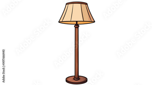 A digital illustration depicts a classic floor lamp. The lamp features a tall, slender, dark brown wooden base and pole. The base is circular. A pleated, light beige fabric lampshade sits atop.