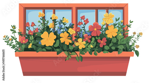 A digitally created illustration depicts a rectangular, terracotta-colored window box overflowing with a variety of flowering plants. The flowers are rendered in a bright, saturated color palette,.