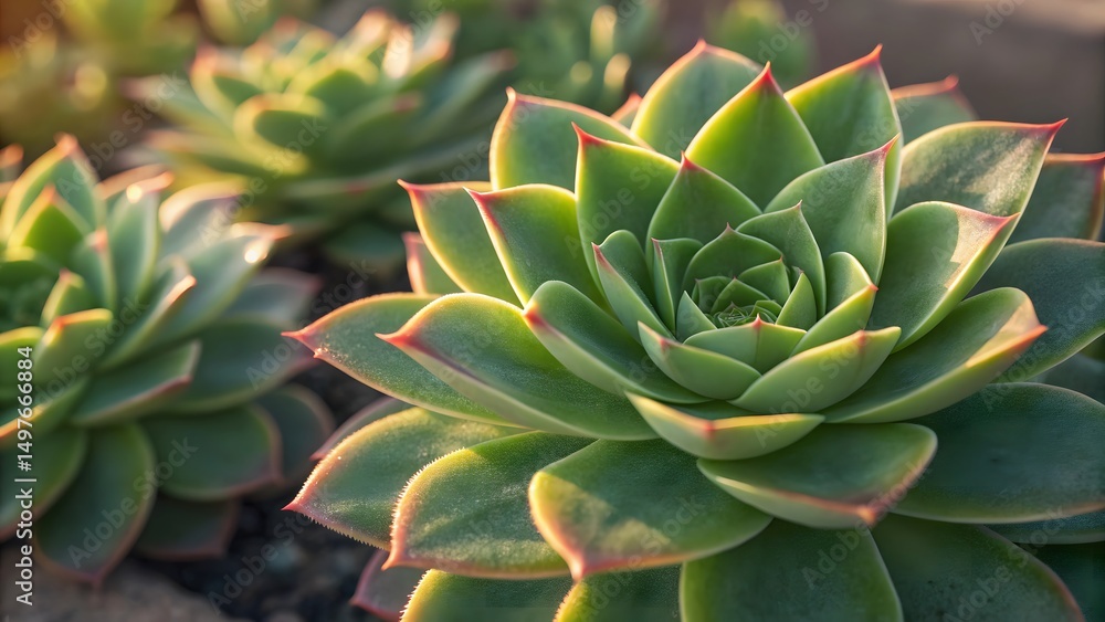Fototapeta premium Radiant Succulents Basking In Warm Sunlight,Their Green Leaves Glowing With Natural Beauty,AStunning Close Up Revealing Intricate Details And Soft Shadows