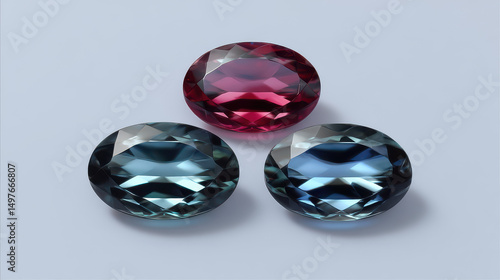 Wallpaper Mural Three exquisite alexandrite gemstones, showcasing a mesmerizing color change effect from bluish-green to reddish-purple, are displayed on a serene background. Torontodigital.ca