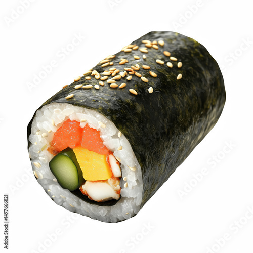 Whole gimbap roll with sesame seeds, isolated on transparent background.

