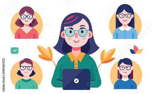 Woman with Laptop Connecting with Diverse Team Members Online