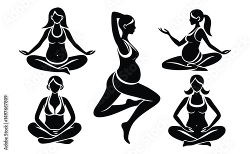 Five Pregnant Women Yoga Poses Silhouette Collection