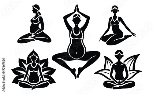 Five Pregnant Women Yoga Poses Silhouette Collection