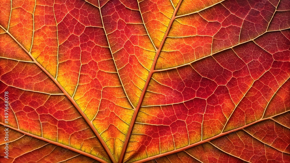 Fototapeta premium Intricate Autumn Leaf Macro Photography Reveals Stunning Vein Details And Vibrant Red And Gold Hues Nature Close Up