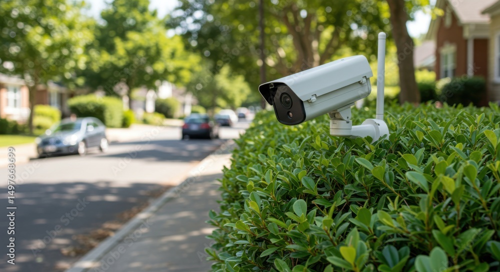 Security camera representing home surveillance and safety in suburban setting Security camera representing home surveillance and safety in suburban setting