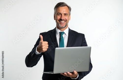 Mature businessman wearing suit working laptop with thumb up on white backdrop. Smiling, cheerful executive with laptop, showing okay sign. Positive attitude, business success, career achievement.