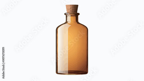 A digitally rendered image depicts a cylindrical amber glass bottle with a natural cork stopper. The bottle is slightly tapered towards the base and neck, displaying a subtle gradient of amber.