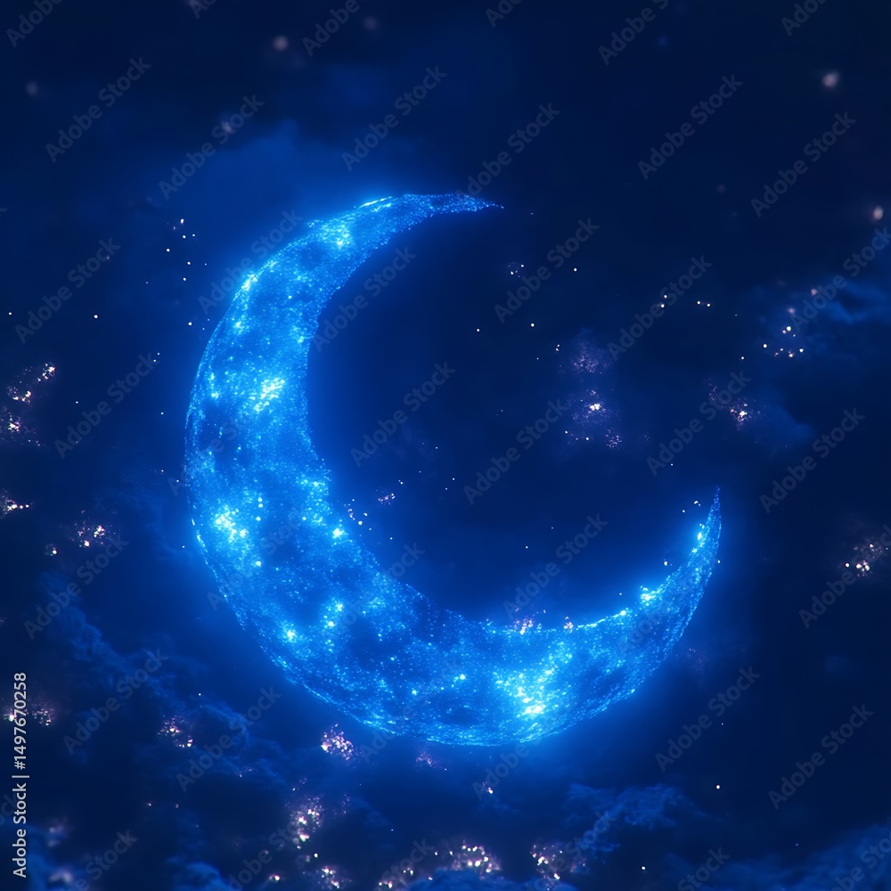 Fototapeta premium Glowing crescent moon in a starry night sky