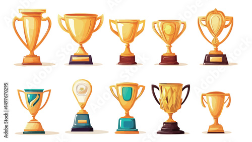 The image showcases a digital illustration featuring twelve distinct golden trophy cups, rendered in a vector-style with a cartoonish aesthetic. Each trophy exhibits variations in design.