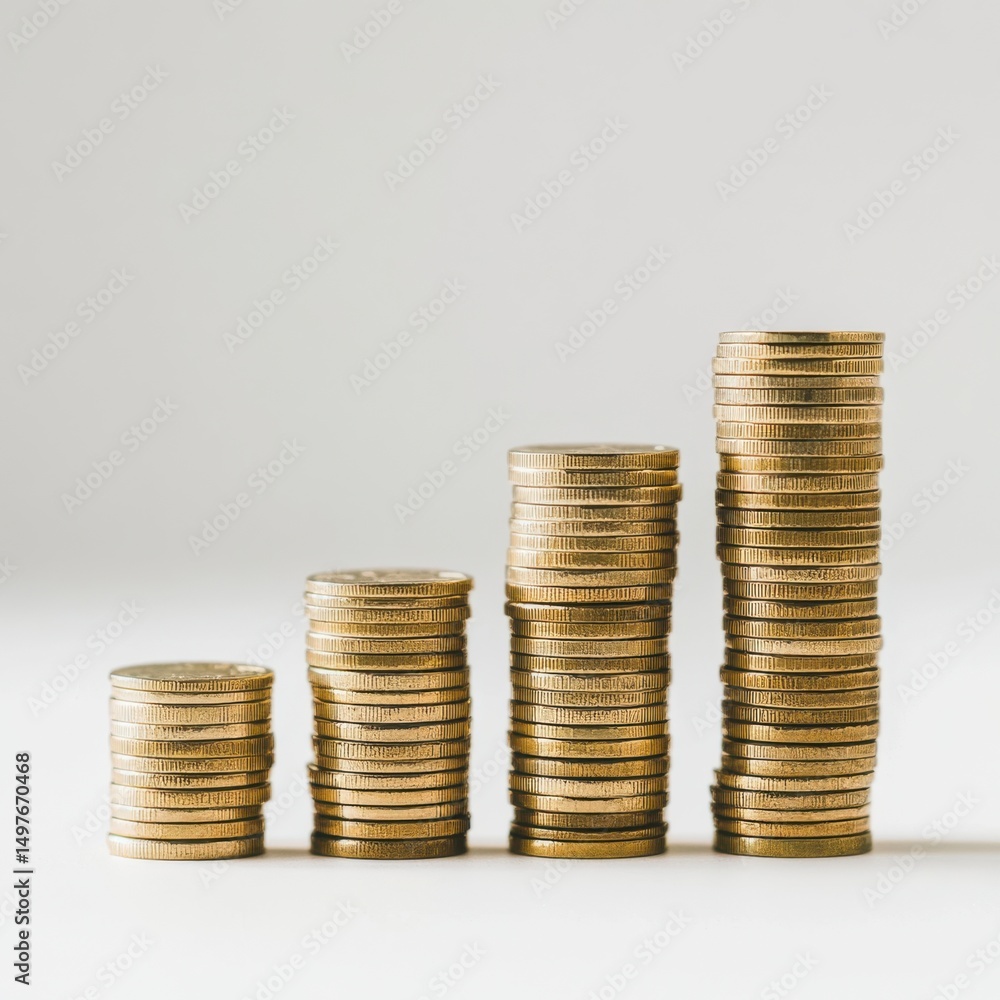 Ascending Stacks of Gold Coins Representing Financial Growth Isolated on White Background Ascending Stacks of Gold Coins Representing Financial Growth Isolated on White Background