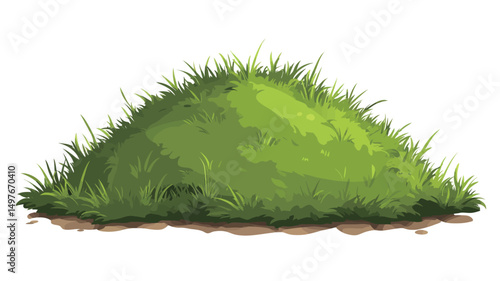 The image presents a digital illustration of a small, verdant grass mound against a stark white background. The grass is depicted in varying shades of green, suggesting depth and texture.