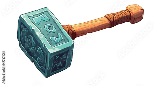 Close-up view of a digitally rendered illustration depicting a hammer. The hammer head is a stylized, teal-colored block with intricate carvings resembling runes. The carvings show a high level of.