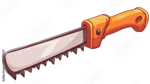A digital illustration depicts a folding hand saw. The saw blade is depicted with a slightly curved shape, featuring a serrated edge. The handle is a vibrant orange, appearing smooth and.