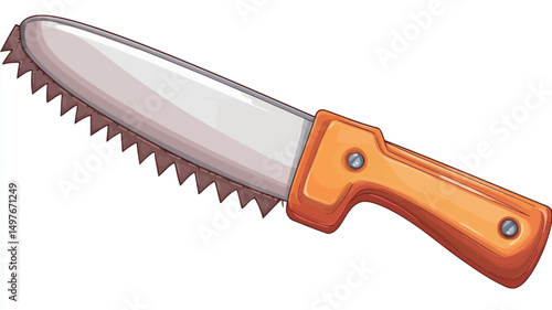 A digital illustration depicts a hand saw with a silver-grey, serrated metal blade and an orange plastic handle. The blade exhibits a sharp, toothy edge. The handle is a vibrant orange.