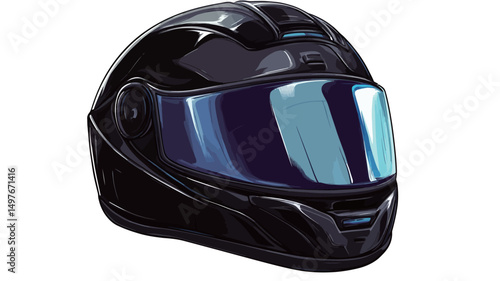 Close-up studio shot of a black motorcycle helmet featuring a large, tinted visor. The helmet exhibits a glossy, highly reflective surface with subtle light reflections suggesting a smooth.
