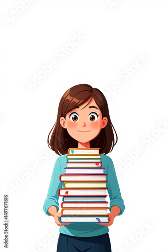 Young woman cartoon character holding stack of books, literature fan isolated on white background, vector illustration