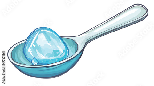 A digitally rendered illustration depicts a single, translucent light-blue ice cube resting in a light-blue metallic spoon. The ice cube exhibits a slightly irregular shape with subtle internal.