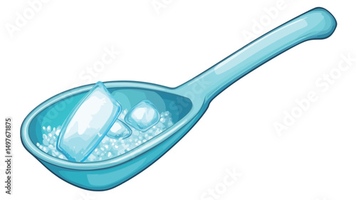 A digital illustration depicting a light blue or teal ladle filled with a crystalline substance. The ladle has a smooth, slightly curved handle and a wide, shallow bowl. The crystalline substance.