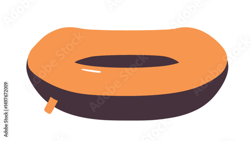 Close-up studio shot of an inflatable raft or float. The raft is predominantly orange on top, with a dark gray or black bottom. The form is an elongated oval with rounded ends, exhibiting slight.