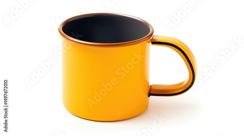 Bright Yellow Enamel Mug with Black Interior on White Background

