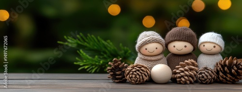 Handmade wooden figurine set depicting a mother and two daughters, featuring a simple and cute design with natural light enhancing detail