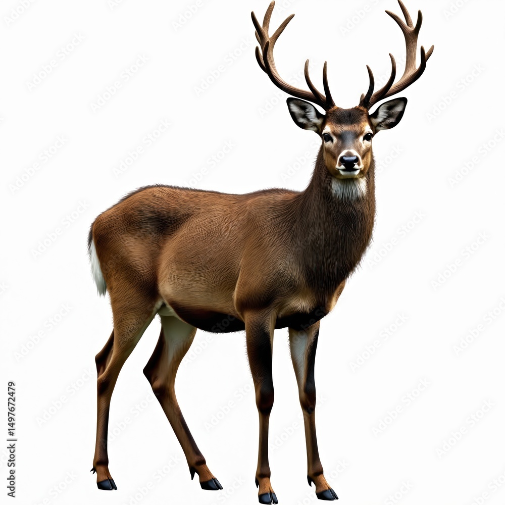 Full body portrait deer isolated white background. Majestic stag with impressive antlers. Elegant animal, perfect for design projects, wildlife, nature, eco themes. Full body portrait deer isolated white background. Majestic stag with impressive antlers. Elegant animal, perfect for design projects, wildlife, nature, eco themes.