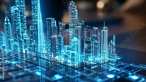 Digital city model on laptop, future planning