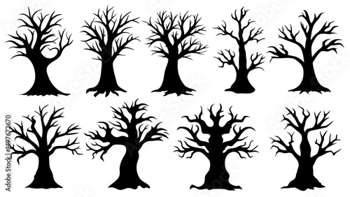 Set of horror tree silhouette vector design big pack of tree illustration