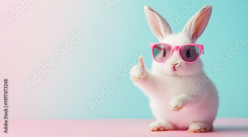 White Rabbit wearing trendy sunglasses. Contemporary colorful background
