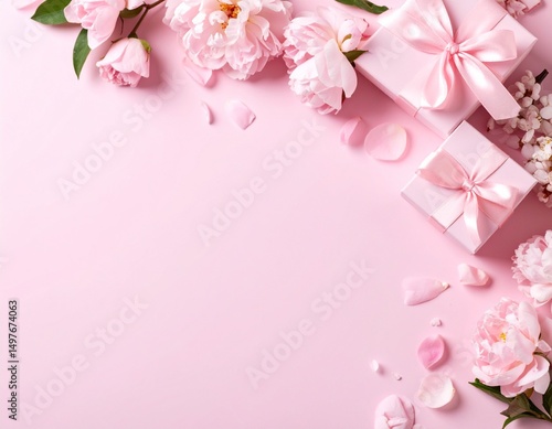 薄いピンクの背景にプレゼントと花びらのあしらい