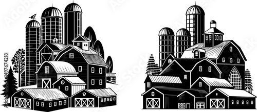 Traditional Farmstead Silhouette - Rural Landscape Vector Design