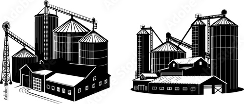 Detailed Grain Elevators Complex - Agricultural Industry Vector Art