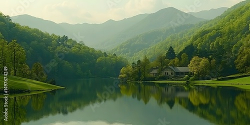 Fototapeta Naklejka Na Ścianę i Meble -  A scenic view of a lake surrounded by lush green mountains and a house on the shoreline reflecting