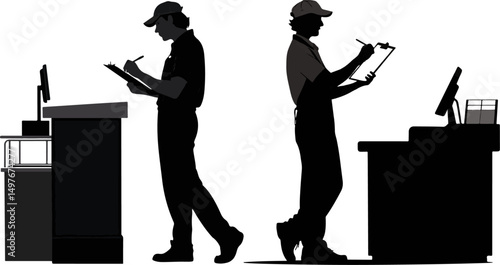 Retail Workers with Clipboards at Checkout Counters - Vector Silhouette Illustration