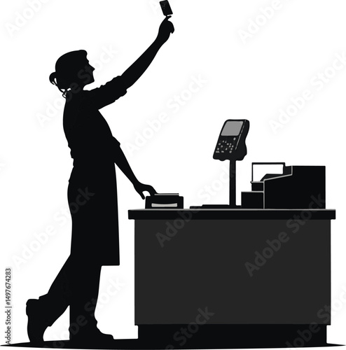 Cashier Holding Up Card - Retail Service Vector Silhouette