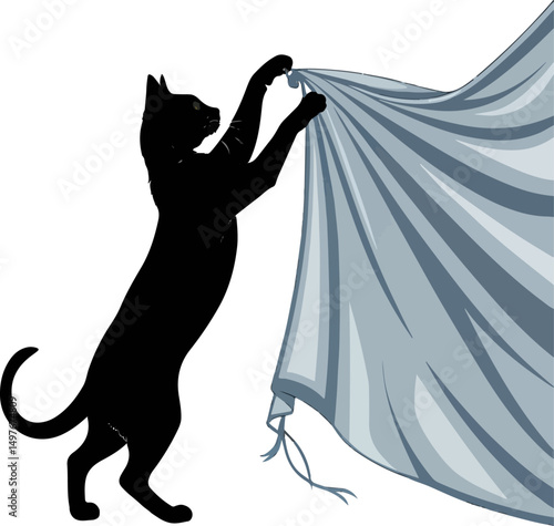 Playful Black Cat Silhouette Climbing on Fabric - Pet Mischief Vector Illustration