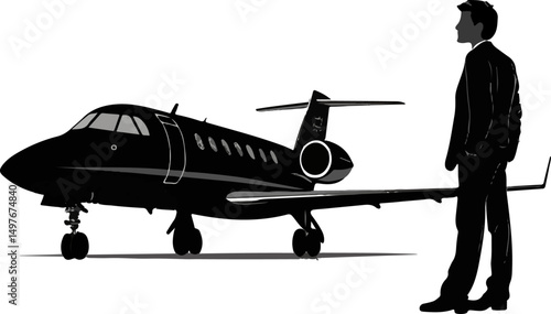 Black Private Jet with Businessman Silhouette - Luxury Travel Vector Illustration